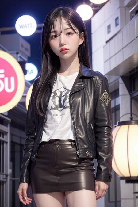 nmixxhaewon, night, on a streets, summer, RAW,(8k, best quality, masterpiece:1.2),(intricate details:1.4),(photorealistic:1.4),octane render, complex 3d render ultra detailed, studio soft light, rim light, vibrant details, ultra detailed, realistic skin texture, detailed face, beautiful detailed eyes, extremely detailed CG unity 8k wallpaper, makeup, (detailed background:1.2), (cowboy shot:1.2),(perfect anatomy:1.2),(wide hip:1.1),(black leather jacket, mini skirt, choker, bracelet:1.1), <lora:nmixxhaewon-v2:1>