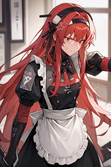 veragarnet, red hair, red eyes,  very long hair, ponytail, black hairband, black ribbon, headgear, cropped jacket, black jacket, elbow gloves, black gloves, white dress, multiple belts, black thighhighs, thigh boots  black dress black pantyhose veramisc low wings, mechanical wings