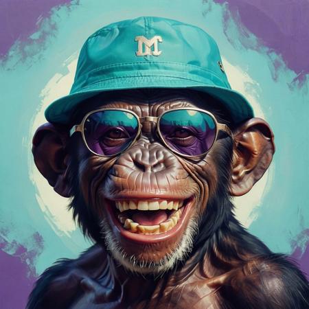 closeup portrait of a chimp, lucky laugh face, bucket hat on head, highly detailed, evocative, high contrast, purple and turquoise color blocks as the background, retro style white sunglasses, lucky laugh face