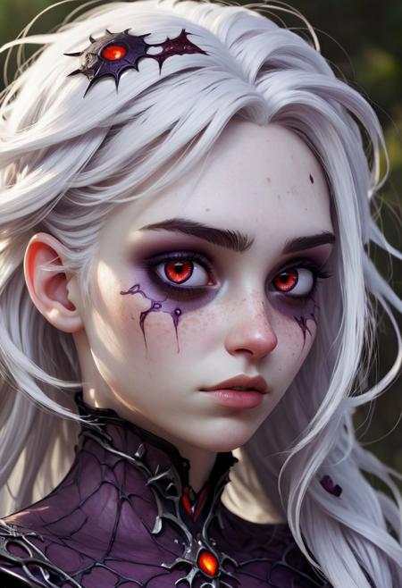 A young  woman with dark violet skin and white hair. Her eyes are the deep red of the followers  of Lolth. Her cute nose and cheeks are adorned by natural freckles. She has a scar over her left eyebrow.