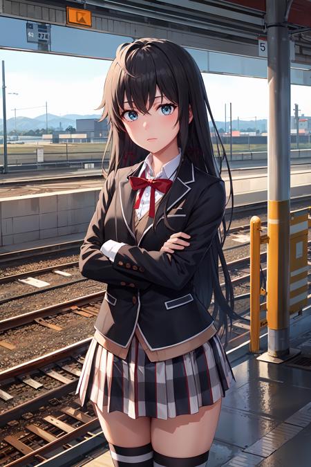 masterpiece, best quality, cowboy shot, looking at viewer, expressionless, yukino yukinoshita, long hair, hair ribbon, school uniform, black jacket, plaid skirt, thighhighs, crossed arms, outdoors, boom barrier, train station platform, railroad tracks, skyline, <lora:yukino_yukinoshita_v2:1>