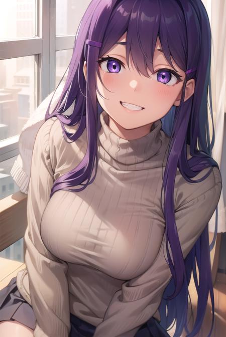 ddlcyuri, <lora:ddlcyuritest:1>,
ddlcyuri, hair ornament, hairclip, long hair, (purple eyes:1.1), purple hair, grin, smile, hair over eyes,
BREAK casual clothes, grey sweater, miniskirt, pants, ribbed sweater, skirt, sweater, turtleneck, turtleneck sweater,
BREAK looking at viewer,
BREAK indoors, classroom,
BREAK <lora:GoodHands-vanilla:1>, (masterpiece:1.2), best quality, high resolution, unity 8k wallpaper, (illustration:0.8), (beautiful detailed eyes:1.6), extremely detailed face, perfect lighting, extremely detailed CG, (perfect hands, perfect anatomy),