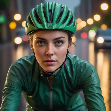 Portray a young woman, her hair pulled back under a helmet, cycling through a rain-soaked city street. Her determined green eyes focus on the road ahead, with raindrops streaking across her cheeks and jacket. The city lights reflect in the wet road, creating a vibrant, dynamic background.