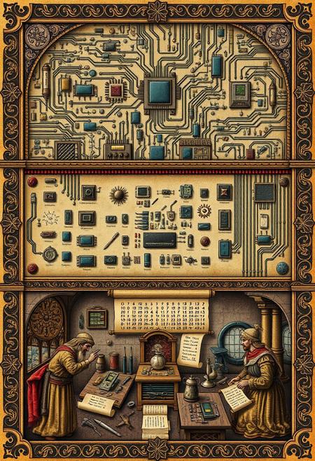 Historical Scene, Medieval Art Style, Detailed Sectioned Illustration of the Manufacture of Microchips in the Middle Ages, Depicting Innovations, Transistors, and Circuit Boards, with Ornate Decorative Background. The upper section showcases the intricate process of creating microchips, with decorated logical circuits, circuit pathways and delicate transistors highlighted as symbols of medieval craftsmanship. The middle section presents medieval computer devices such as processors, motherboards, and routers, with small icons depicting the importance of semiconductor technology. The lower section illustrates chip design and assembly, with artisans working in a medieval-style workshop surrounded by ornate tools and scrolls of code and binary numbers.