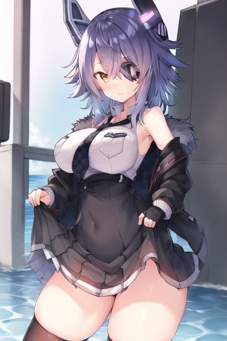 tenryuu kai ni \(kancolle\) ,standing, sea, ocean, 1girl, black gloves, black jacket, black skirt, black thighhighs, breast pocket, checkered necktie, collared shirt,eyepatch lift, fur-trimmed jacket, fur trim, gloves, headgear, high-waist skirt, jacket, necktie, partially fingerless gloves, pleated skirt, pocket, purple hair, shirt, short hair, skirt, sleeveless, sleeveless shirt, white shirt ,yellow eyes, open jacket