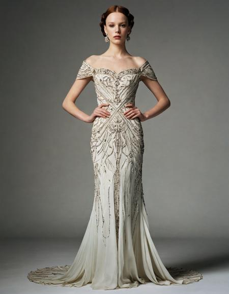 Renaissance style <lora:Alexander McQueen-art deco:1>,Alexander McQueen,art deco,dress,standing, full body,, hair, forehead, eyebrows, eyes, nose, lips, neck, collarbone, . Realistic, perspective, light and shadow, religious or mythological themes, highly detailed