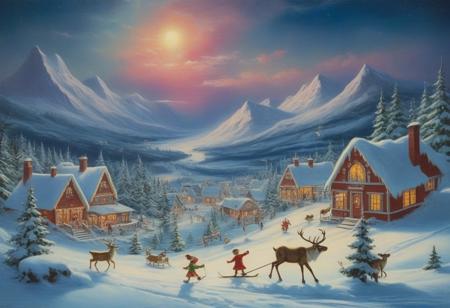 vintage painting of a christmas village at the north pole, aurora in sky, christmas land, elves skiing down a snowy mountain, reindeer standing nearby,