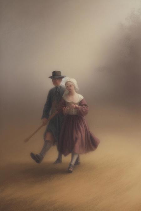 A dynamic painting in soft pastel colors depicting figures in motion through a thick fog, evocative of the Dutch Golden Age style.  The painting features soft brushwork, blurred lines, and action poses, creating a gentle and soothing atmosphere.