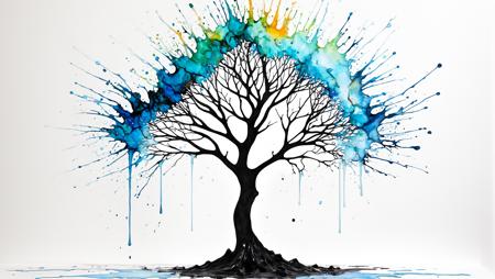 alcohol ink splatter art, opalized tree, translucent,Agnes Cecile, Wlop, Karol Bak, Carne Griffith, amazing  artwork, intricately detailed, minimalism, intense style, sumi ink, sharp and fine, high opacity, intense lighting, highly contrasted, elegant, iridescent opal features, white, black, colorful fluid ink, dripping ink, partly Silhouette effect ,hyperdetailed double exposure masterwork by head of prompt engineering