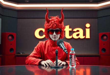 In the center of the image, a person is seated at a professional desk. They are donned in a vibrant red devil costume complete with a matching red wig and horns. Their face is obscured by a pair of sunglasses, adding an air of mystery. The desk features a microphone and a water bottle. Behind the person, a sign bearing the word "civitai" is prominently displayed. The setting is well-organized, suggesting a broadcasting or recording studio. High-res, 4K, Exceptional Quality, More Detail, Lifelike Details, Super Detailed Face and Eyes and Clothes, Handcrafted with Precision, High Quality, Sharp Lines, Stunning Colors, Harmonious Colors, Multi Colored, Contemporary Aesthetics, Impeccable Composition, Creative Angle, Attractive Background, Balanced Editing, Intentional Focus, Well-timed Moment, Captivating Lighting, Octane Render, Unreal Engine 5, Houdini Style, Vivid Emotions, Joyful Impact, Powerful Message, Beautiful Detailed Eyes, CGSociety, Artstation Trending on ArtstationHQ, Golden Ratio. Cinematic photorealistic render.