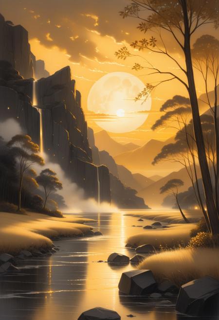 A graphite drawing on rough cotton paper, depicting a dramatic cinematic scene in warm golden hues, showcasing film-like lighting and an ethereal nightfall, with nuanced composition and luxurious feel.