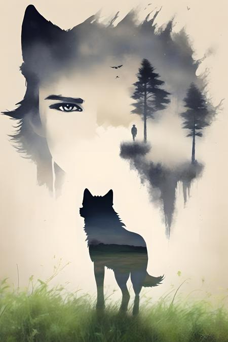 a handsome face boy in ink painting world,silhouette,a wolf runing on grass,<lora:DeepthOfMind-SDXL-Version1:0.95>,