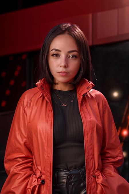 RAW photo of a woman <lora:Agathe-Auproux_Xtroat_V3:1>, (facing us:1.3), soft sunny light, she wearing a black sweater and a futuristic long red jacket, bokeh background, 8K, UHD