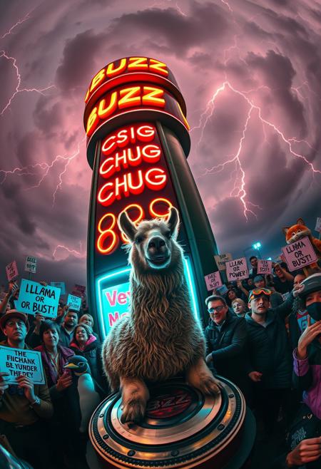 Captured with a cinema-grade 12mm fisheye lens, the surreal scene unfolds around the towering “BUZZ MONOLITH”, curving into the clouds. Its neon buttons—“SIP,” “CHUG,” and “OVERLOAD”—bulge outward, glowing intensely as crackling lightning arcs illuminate the moody dusk sky. The lens’s distortion emphasizes the machine’s absurd, larger-than-life scale.
At its base, a llama with sweat-matted fur struggles to push a tractor-tire-sized coin toward the oversized slot. Its determined expression, bulging eyes, and trembling legs are captured in vivid detail. Around it, a chaotic crowd of humans and anthropomorphic animals cheer wildly, their signs—“LLAMA POWER!” and “BUZZ OR BUST!”—warping with the lens’s curvature. Nearby, a penguin DJ spins on a metallic turntable, neon lights reflecting off its glossy surface.
Above, a sly tabby cat in a cyberpunk trench coat and glowing VR goggles scales the monolith, a grappling hook in tow. Its neon-lit goggles glow sharply as it approaches the flickering sign “FEED ME YOUR BUZZ,” warped into an ominous curve by the lens.
The fisheye’s distortion adds drama, exaggerating the scale of the machine and the chaos of the crowd. From the rain-slicked ground to the vibrant neon reflections, every detail pops in this cinematic snapshot of determination and mischief.