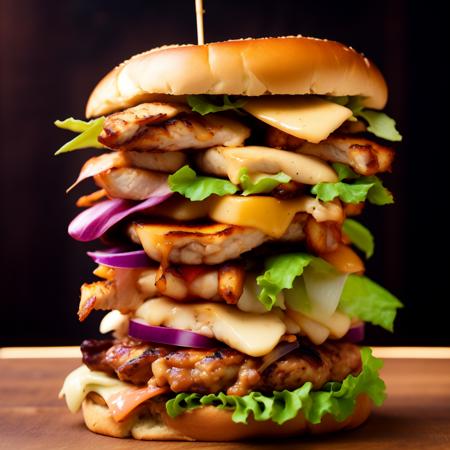 photo (QuadBurger style:1) a chicken sandwich stacked on top of each other <lora:djzQuadBurgerV21:1>