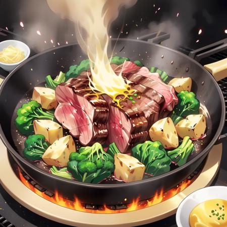 A vibrant and colorful cartoon-style image of a classic teppanyaki beef steak. The steak is sizzling on a hot, steel griddle, with playful steam rising above. It's cooked to a perfect medium-rare, with a rich, golden-brown sear on the outside and a juicy pink center. Surrounding the steak are animated, bright green broccoli florets, thinly sliced golden potatoes, and a small, whimsical pat of melting butter on top. The background shows a cheerful, busy teppanyaki chef flipping ingredients with flair in a lively kitchen setting,  <lora:Shokugeki_food:0.75>