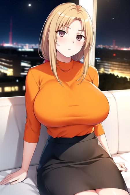 (Night:1.7), Cyberpunk_CityView, Before Window,
sitting at attention,sitting on couch,
orange_shirt,Pencil_Skirt,
<lora:SakimiAyaseV1:0.85>,<lora:aiueOkaStyle_v10:0.1>, <lora:saiminSeishidou:0.1>,
blonde_long_hair,brown_eyes,
1 girl,Solo, Manga,20yo,mature female,Beautiful Finger,Beautiful long legs,Beautiful body,Beautiful Nose,Beautiful character design, perfect eyes, perfect face,
looking at viewer, (innocent_big_eyes:1.0),(expressionless:1.3),
official art,extremely detailed CG unity 8k wallpaper, perfect lighting,Colorful, Bright_Front_face_Lighting,
(masterpiece:1.0),(best_quality:1.0), ultra high res,4K,ultra-detailed,
photography, 8K, HDR, highres, absurdres:1.2, Kodak portra 400, film grain, blurry background, bokeh:1.2, lens flare, (vibrant_color:1.2)
(Beautiful,large_Breasts:1.4), (beautiful_face:1.5),(narrow_waist),