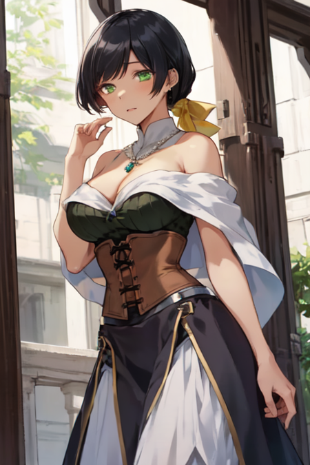 ShizukoHerosMother, 1girl, solo, green eyes, large breasts, black hair, long hair, low ponytail, jewelry, dress, necklace, yellow ribbon, hair ribbon, cleavage, bare shoulders, corset, white capelet, sleeveless, long skirt, 