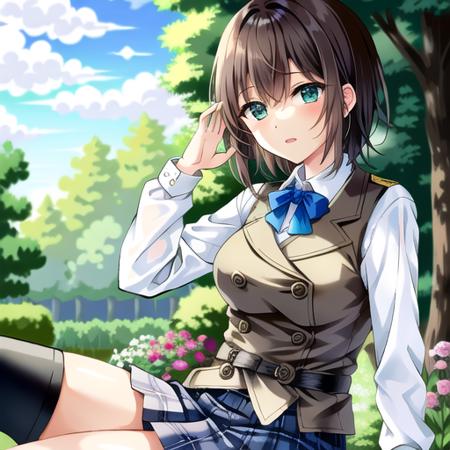 aoi, solo, 1girl (sitting in a garden:1.4) with (short brown hair:1.2) and (green eyes:1.3) and (wearing pleated skirt and brown vest and collared shirt and blue bow and black thighhigh:1.3) and (very thick thighs:1.4)
{{{masterpiece}}}, {{best quality, super fine illustration}}, ((dense hair)),  ((beautiful eyes)),{very delicate light, perfect and delicate limbs}, {{ fine luminescence ,very fine 8K CG wallpaper}}, ((an extremely delicate and beautiful girl)), dynamic angle, l (staring blankly, lovely big eyes), beautiful detailed eyes, (absurdres, incredibly absurdres, illustration, ultra-detailed),
solo, high quality, CG, wallpaper, anime girl,dense hair, cute face, two legs, detailed hair, (very detailed hair), (beautiful eyes), Na-ga style