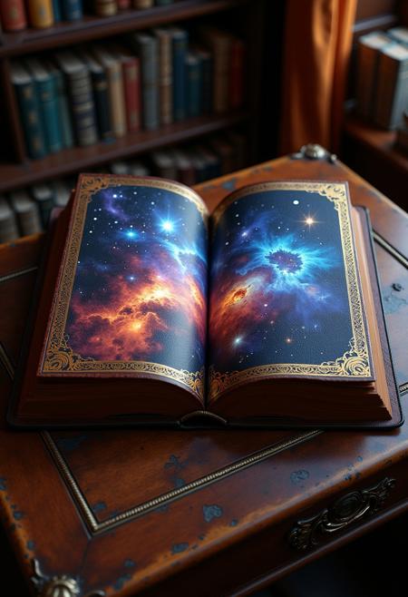 aidmaimageupgrader, a high quality digital image of an intricate leatherbound tome sitting on an ornate oak desk, the book is open and the pages contain the entire universe in very high realistic detail, it is very bright and vivid and we can see stars, nebulae and galaxies