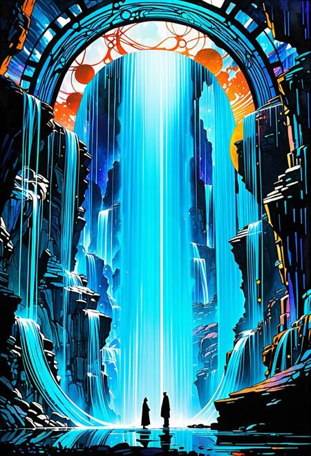 Graphic, digital Illustration. (Artistic perspective) 3 cloaked figures stand on a floating portal, irregular stone rings suspended above a futuristic city. (((the hovering rings in the sky are gushing glowing waterfalls))), brush strokes and streaks of ink are visible, rich vibrant colors, stark contrasts,  liquid, unreal parts, alluring, fluid, perfection, two moons in the night sky, one is translucent. Intricate background (Alphonse Mucha), Illustration (Bill Sienkiewicz:1.5), maximum detail, 4K, hyperrealistic. charcoals, watercolor and ink technique. Include deep rich dark blues, luminous neon highlights, ((Masterpiece)), (cinematic composition), resplendent lighting