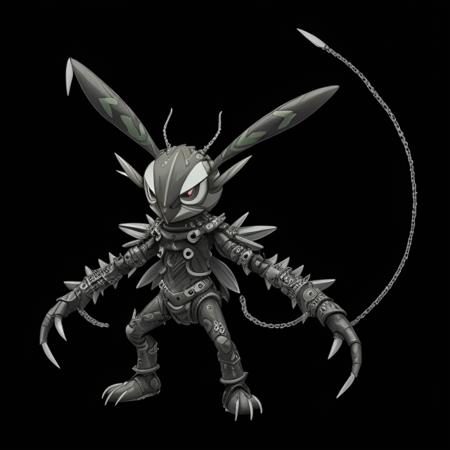 ((pkmn character)), (two big eyes, cute), ((best quality)),
solo, full body, (((concept, drawing, Undd))), (claws), armor, mask, ((bug, antennae)), shoulder spikes, (((spikes, ring chains))), black background, 
<lora:pkm_undead05:2>