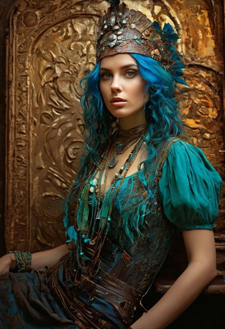 Provocative woman as main subject. castle as background.Gorgeous, beautiful, multicolored hair, blue eyes, excentic, Ben Bauchau, Michael Garmash, Daniel F Gerhartz, Clint Cearley, Carne Griffiths, Jean Baptiste Monge, strybk style, warm dreamy lighting, matte background, volumetric lighting, pulp adventure style, fluid acrylic, dynamic gradients, bold color, illustration, highly detailed, simple, smooth and clean vector curves, vector art, smooth, johan grenier, character design, 3d shadowing, fanbox, cinematic, ornate motifs, elegant organic framing, hyperrealism, posterized, masterpiece collection, bright lush colors, TXAA, penumbra, alcohol paint, wet gouache, ultrarealistic, film grain, surreal, moody, ethereal fantasy, amazing depth, cinematic film still, sharp focus, (James Christensen),bohemian,Boho gypsy, Gustav Klimt, (Anne Bachelier:1.2), (Lillian Bassman, Erwin Blumenfeld),shabby chic,, 1920s retrofuturism, industrial, art deco, coherent, (Dieselpunk:1.3)