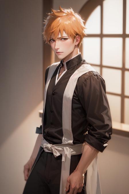 (masterpiece, best quality:1.2), <lora:bleach_kurosaki-07:1>, cowboy shot, solo, male focus, 1boy, kurosaki ichigo, slight smile, looking at viewer, short orange hair, brown eyes, japanese clothes, black kimono