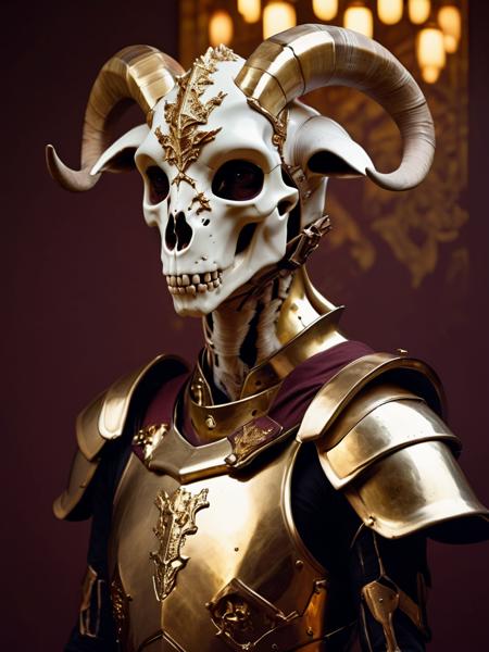 realistic portrait photo of a cubone goat hybrid, gold plated intricate armor, skull helmet, maroon backlighting, by Ryan McGinley and Posuka Demizu, cinematic fantasy LUT