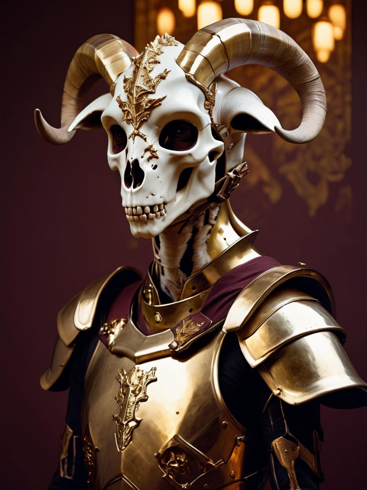 A skeleton wearing a gold helmet and gold armor.