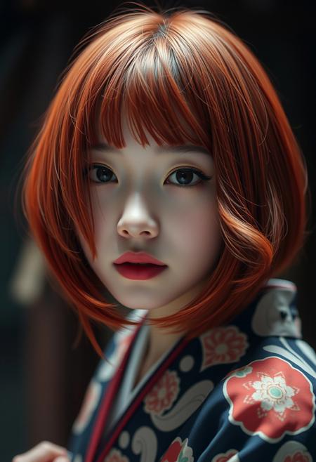 extreme close up shot,  19yo Japanese woman ,lipstick,bright red  hair waist-length hair , bangs covering the left side of her face with a wavy mid-back length hair strand resting on her left shoulder and her eyes are brown, kimono . shallow depth of field, vignette, highly detailed, high budget, bokeh, cinemascope, moody, epic, gorgeous, film grain, grainy