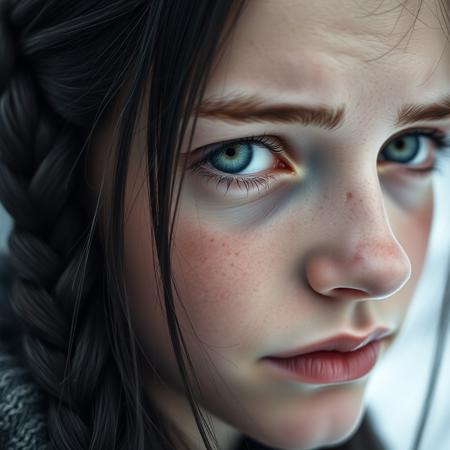 a tear slowly rolls down her cheek An extremely close-up portrait of a 25 year old young Scandinavian girl with straight black hair, tied in a side braid. A few loose strands gently frame her face. Her skin is fair, with light freckles across her nose and cheekbones. She has very pale blue eyes, almost white, filled with tears reflecting deep sadness, as a tear slowly rolls down her cheek. The background is blurred, with cool tones evoking a wintery Nordic landscape. The soft, natural lighting highlights the contrast between her black hair and her nearly white eyes, creating an emotional, intense, and realistic image
