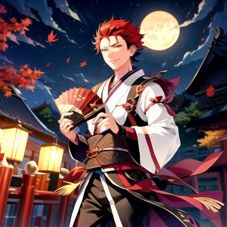 <lora:KuroKiryu-07:0.7>, kurokiryu, looking at viewer, smile, holding, jewelry, earrings, japanese clothes, sky, night, leaf, moon, night sky, hand fan, folding fan, autumn leaves, holding fan, maple leaf, crescent moon, east asian architecture, hair slicked back, paper fan