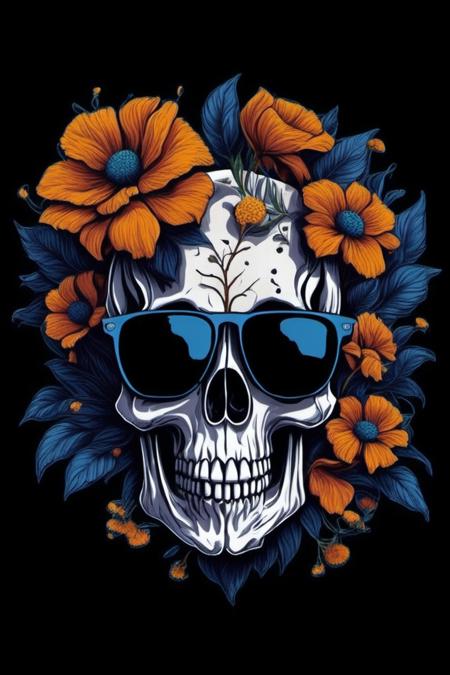 Leonardo Style,skull, illustration, flower, no humans, black background, simple background, sunglasses <lora:leonardo_illustration:1>