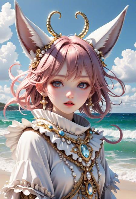 Children with animal ears playing happily on a beach of pearls in a fantasy world.