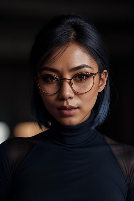 photo of extremely sexy (thando-1500:0.99), as a sexy young student, (wearing big round glasses:1.1), closeup portrait upsweep updo, (blue tight long sleeve turtleneck top:1.5), at a cantina sitting bar (masterpiece:1.5) (photorealistic:1.1) (best quality) (detailed skin texture pores hairs:1.1) (intricate) (8k) (HDR) (wallpaper) (cinematic lighting) (sharp focus), eyeliner, painted lips, (earrings), Photorealistic, Hyperrealistic, Hyperdetailed, analog style, detailed skin, matte skin, soft lighting, subsurface scattering, realistic, heavy shadow, masterpiece, best quality, ultra realistic, 8k, golden ratio, Intricate, High Detail, film photography, soft focus