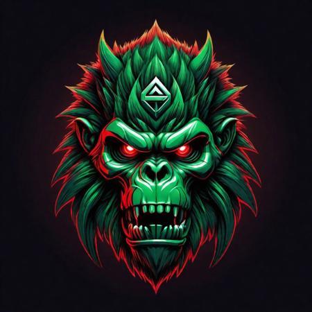 A captivating image of an awe-inspiring modern and futuristic logo representing a Futuristic Assassin group is brought to life through the use of Nordic runes. The Logo showcases an intricate design of an detailed dark fur Majestic head skull ((Kong)), enveloped in a dark backdrop. Their eyes, gleaming in a striking red and green gradient hue, add an air of mystery to the composition. add 2 intersecting hockey sticks.
This highly detailed image, presented as a digital illustration, radiates a superior quality, leaving viewers in awe of its artistry.