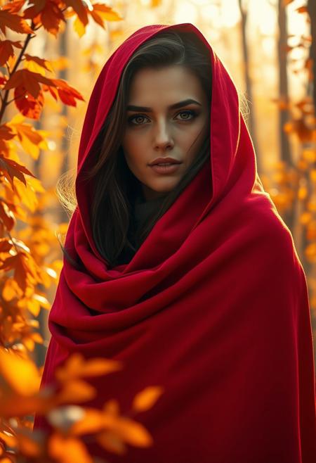 A woman wrapped in a vibrant red shawl, her face lit by soft golden light, standing in a stylized autumn forest, where the leaves are simplified into smooth, rhythmic clusters of color.
crisp stylized geometric landscapes, richly detailed and expressive portraits, vibrant cinematic lighting, deep emotional storytelling, bold structured shapes blending into intricate realism, soft gradient color transitions, smooth abstracted forms meeting textured photographic details