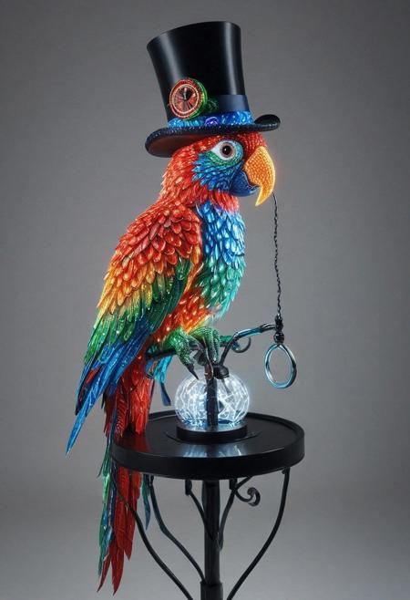 embedding:lazmpos, LED, colorful LED lights, RGB lights, red green and blue parrot, art deco, top hat, cane, monocle,RetroBG