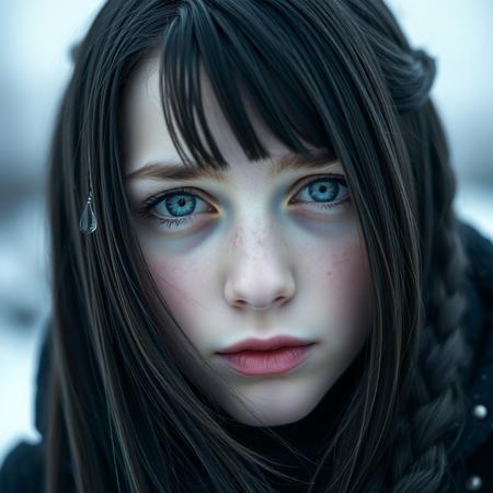 a tear slowly rolls down her cheek An extremely close-up portrait of a 25 year old young Scandinavian girl with straight black hair, tied in a side braid. A few loose strands gently frame her face. Her skin is fair, with light freckles across her nose and cheekbones. She has very pale blue eyes, almost white, filled with tears reflecting deep sadness, as a tear slowly rolls down her cheek. The background is blurred, with cool tones evoking a wintery Nordic landscape. The soft, natural lighting highlights the contrast between her black hair and her nearly white eyes, creating an emotional, intense, and realistic image