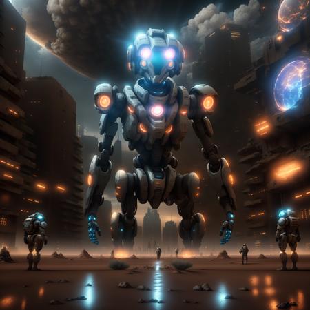 photo, postSingularity style a giant robot standing in the middle of a desert, Robot with Glowing eyes, Standing in the Street, City in Background <lora:djzJohnsonDesuV15-Zenkai-256:1.5>