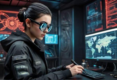full body,20yo arabic girl looking at the screen, view from behind, badgirl, pale skin,(mysterious confident glance:1.3), freckles,(glasses:1.3),cinematic photo,85mm medium format photo,beautiful,hyperrealism,hyperdetailed,short dark black hair, 
 a photorealistic image,  digital detective, a piece of malicious code on a screen, , malwares, cyberpunk, hacker, black camo,( face mask:1.2),( virus in air:0.9), biohazard, biopunkai, working on a tablet or computer, neon lights in room, futurism,( squinted eyes:1.3), airborne particles, black uniform, smart diagrams, world map, top secret,( parasites:0.8),( holding in a one hand a magnifier in an ultra-modern futuristic style:1.4),( magnifying magnifying glass:1.2), future science, spaceship, tactical wear, gloved fingers