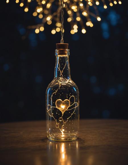 fairy lights, A moody, atmospheric shot of a heart-shaped glass bottle containing a swirling storm, intricate accurate details, capturing the droplets on the glass, 8K.