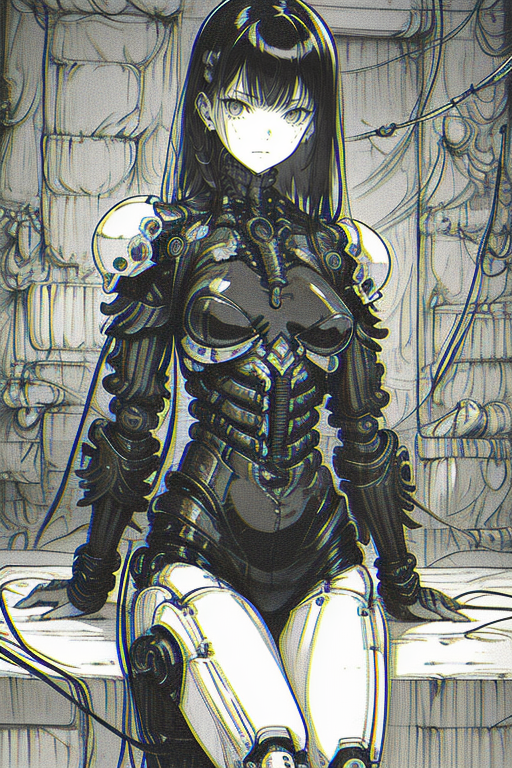1girl, monochrome, solo, cyberpunk, long hair, looking at viewer, cable, mechanical arms, breasts, science fiction, greysc...