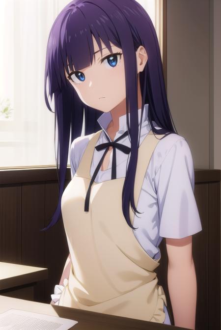 aoi yamada, long hair, (purple eyes:1.1), purple hair, blunt bangs, apron, waitress,