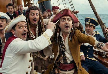 2 men taking a selfie , Johnny Depp dressed as Captain Jack Sparrow & 
Rowan Atkinson dressed as Mr Bean on the board of a sinking ship, in the background you can see the sailors yelling and screaming , realistic, complementary colors . octane render, highly detailed, volumetric, dramatic lighting
