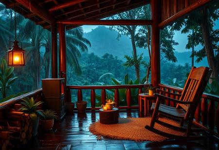 A cozy wooden cabin porch in the middle of a lush, tropical rain forest during a nighttime rainstorm. The porch is warmly lit by a glowing lantern and a crackling fire inside a freestanding black metal fireplace. Rain pours heavily in the background, with mist rising between densely packed forest trees and distant jungle hills. The porch floor is wet and reflective, with stacked logs of firewood, green potted plants, and rustic wooden furniture, including a rocking chair and a small table holding a cup and a pitcher. A woven rug adds a touch of warmth to the space. The overall atmosphere is tranquil, immersive, and cinematic — ideal for a relaxing ASMR or ambient scene. Soft warm lighting contrasts beautifully with the deep blues and greens of the rain forest night.
