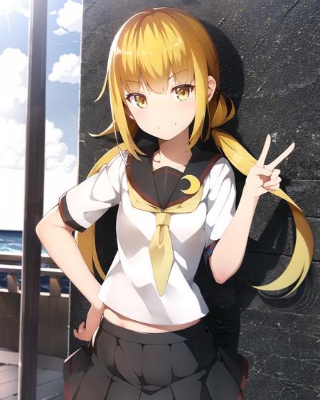 masterpiece, (best quality:1.4), photorealistic, best illustration, best shadow, (beautiful detailed:1.4), finely detailed, dramatic light, HDR, ray-tracing, intricate details, outdoor ocean scenery, 1girl, cowboy shot, (satsuki kai ni:1.33) from kantai collection, solo, long hair, (yellow:1.22) neckerchief, flat chest, blonde hair, smile, closed mouth, diffraction spikes, finely detailed iris, twintails, red trim, pleated skirt, movement, smile, midriff, (peace sign:1), hand on hip,