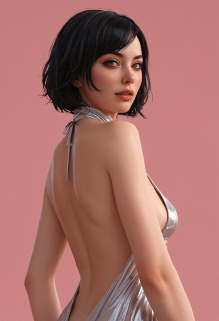 1woman, solo, villainess, 1woman, pale skin, black eyes, bob hair, black hair, evil look, big breasts, cinematic, (masterpiece), (best quality), (ultra-detailed), very aesthetic, illustration, detailed eyes, perfect eyes, detailed face, (beautiful detailed face, beautiful detailed eyes) ,extreme details eyes masterpiece, best quality, amazing quality, very aesthetic, (flat colors:1), (Artist:ilya kuvshinov:1), (Artitst: incase0.65), 1MILF, open eyes, angle, (motion lines:0.3), (motion blur:0.3), mature female, , BREAK dynamic light, warm_light, vibrant colors warm_colors, soft focus, high contrast, textured surfaces, depth of field, golden hour lighting, dramatic shadows, rich details, nature-inspired color palette, BREAK perky breasts, masterpiece, (detailed lighting, rendered, perfect hair, detailed face), amazing quality, 1girl, solo, standing, looking at viewer, empty eyes, half-closed eyes, thick lips, light smile, simple background, pink background, silver dress, halterneck, backless dress, halter dress, revealing clothes, dandadan