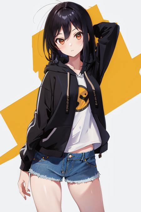 masterpiece, best quality, highres, 1girl <lora:kuroyukihime_no_outfit:1> denim shorts, hoodie